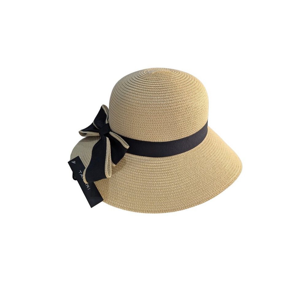 Tahari Straw Sun Hat Black Ribbon Back Bow NWT One Size - Picture 4 of 7